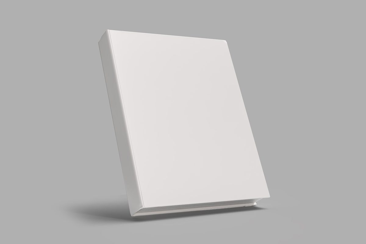Blank white book on gray background.